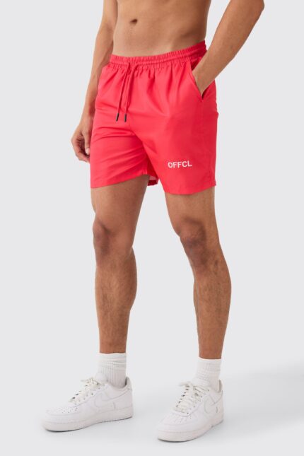 Mens Red Ofcl Mid Length Swim Short, Red