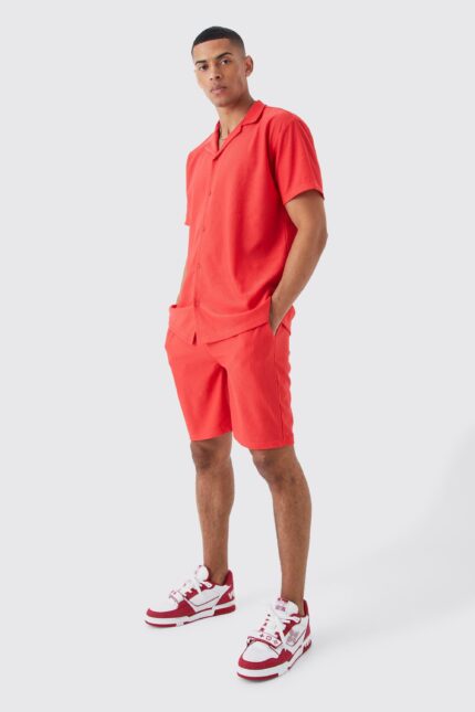 Mens Red Short Sleeve Oversized Shirt And Short Set, Red