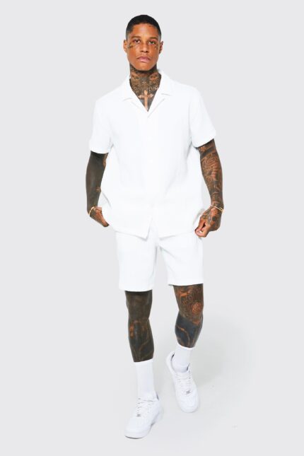 Mens White Oversized Short Sleeve Pleated Shirt And Short, White