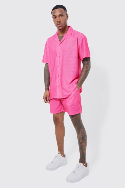 Mens Pink Short Sleeve Oversized Print Mesh Shirt And Short, Pink
